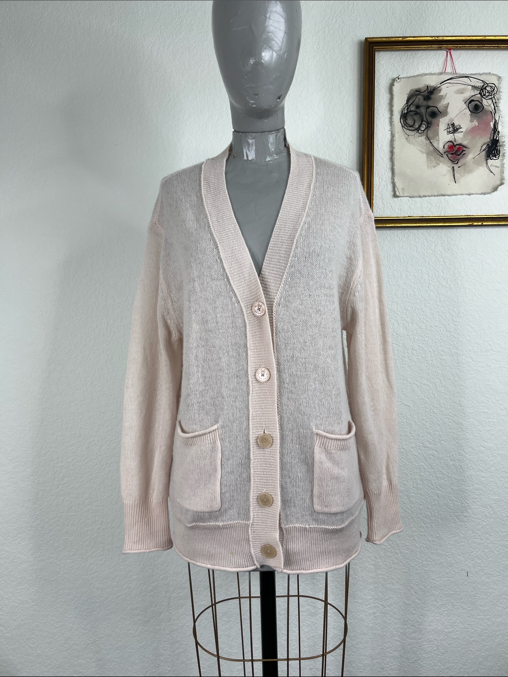 Loveshackfancy Cashmere Logo Bow Back Pink Semi Sheer Long Button Cardigan